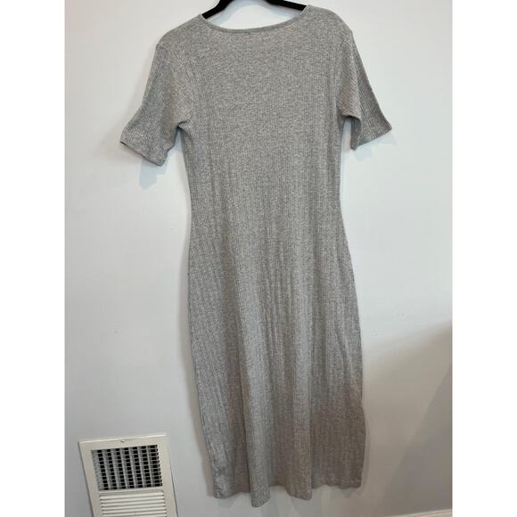 Stitch Drop Henley Dress Women M Gray Ribbed‎ Short Sleeve Midi Bodycon - Picture 2 of 8